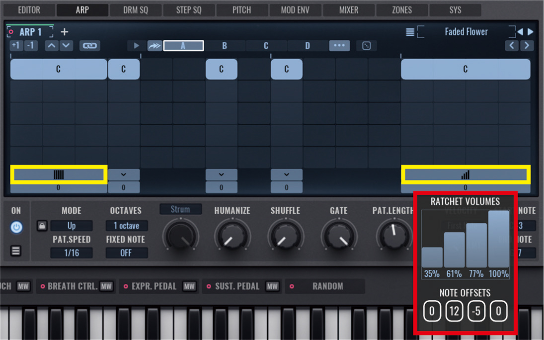 アルペジエイター。赤枠はラチェット機能で1音を4分割して、ベロシティ（棒グラフ）とピッチ（原音からのオフセット）を設定している様子。ラチェット機能を使用したノートには黄枠のように分割数がベロシティの棒グラフで表示される