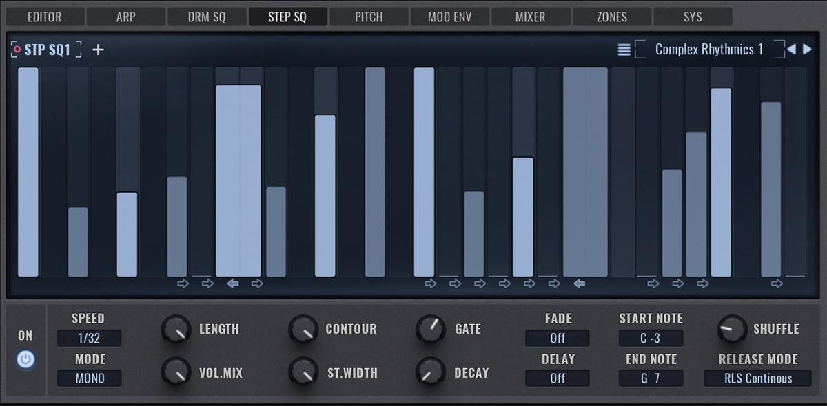 ステップシーケンサー画面。デフォルトではボリュームにアサインされており、棒グラフの有無でノートの発音を、バーの髙さで音量を調節する。STEREOモードにすると左右それぞれでシーケンスを組むことができる。ほとんどのパラメーターにモジュレーションソースとして利用可能