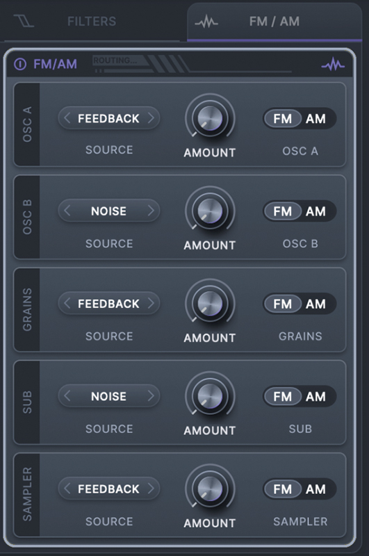 FM/AMの画面。OSC AをGRANULARでFM変調したり、サブオシレーター（SUB）をサンプラーでAM変調したり、自由自在にモジュレートできる