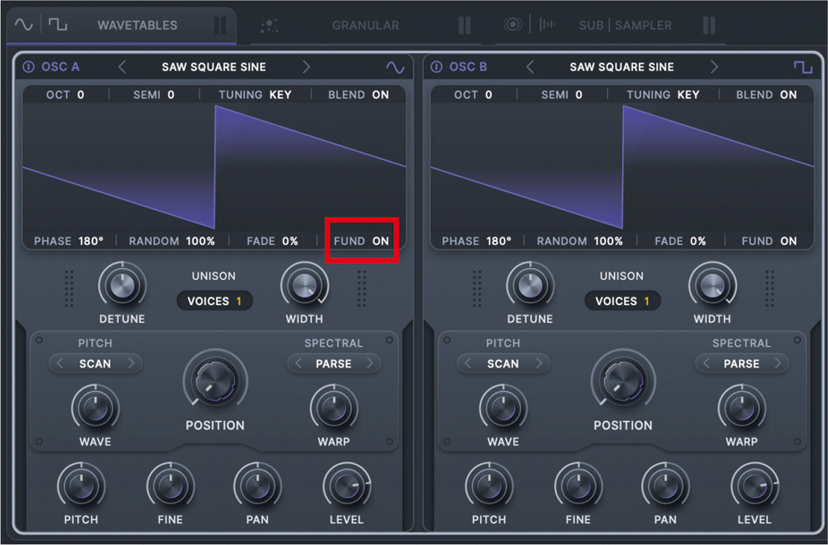 ２つのオシレーター（OSC A、OSC B）から成るWAVETABLESの画面。基音のオン／オフができる“FUND”というスイッチ（赤枠）が用意されているのが大きな特徴の一つ