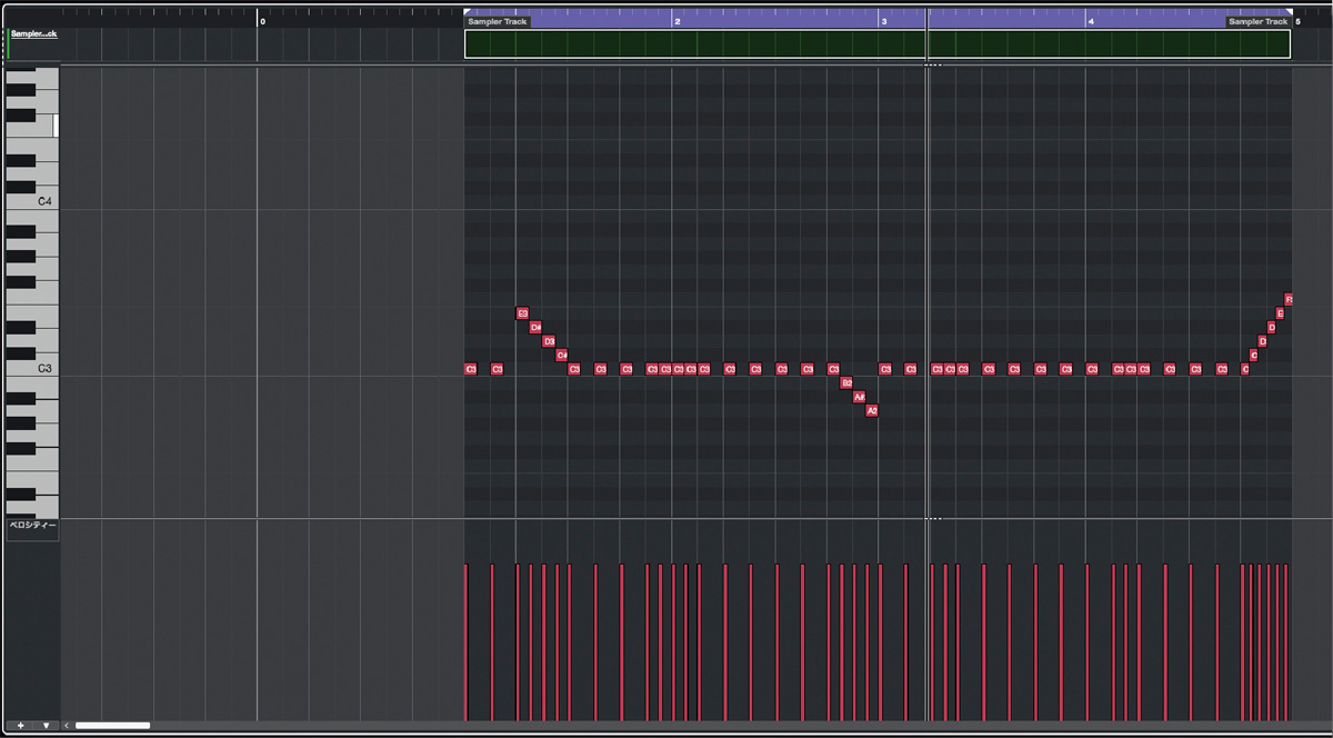 サンプラートラックを使用すれば、キーエディターにMIDIノートを配置していくだけで音程を上下させるようなフレーズを構築できる