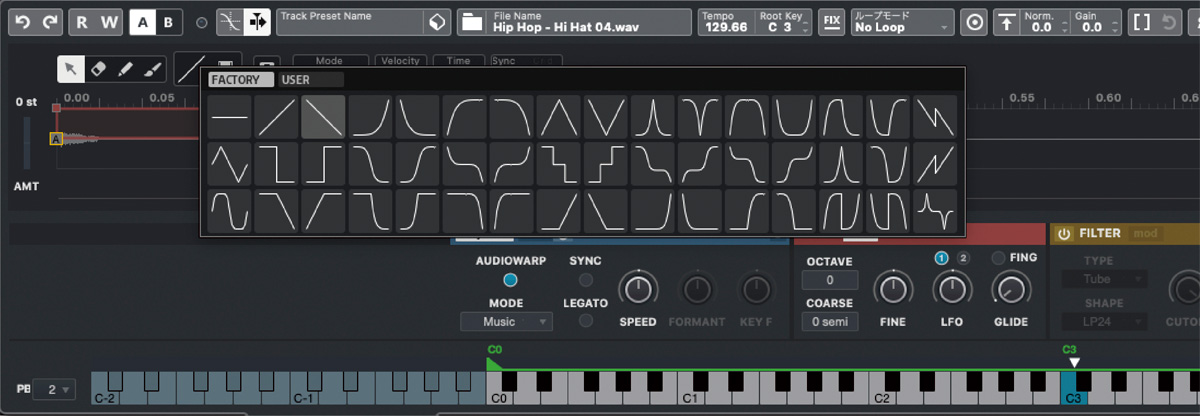 サンプラートラックでは、ピッチやフィルターなどのモジュレーションの調整の際にカーブシェイプを選択できる。独自のシェイプを作成してUSERタブに保存しておくことも可能