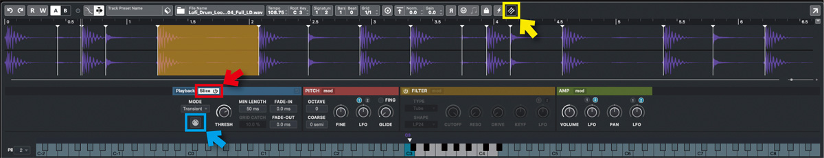 Playbackセクションの“Slice”（赤枠）をクリックすると、サンプルが自動的にスライスされてキーボードにマッピングされる。Drag MIDI Phrase to Project（青枠）をプロジェクトウィンドウにドラッグ＆ドロップすれば、フレーズ通りのMIDIノートを作成可能。それを組み替えて新しいフレーズを構築することもできる。また、３本の矢印が書かれたボタン（黄枠）は、ここでの設定を新たなインストゥルメントに読み込ませることができるもの