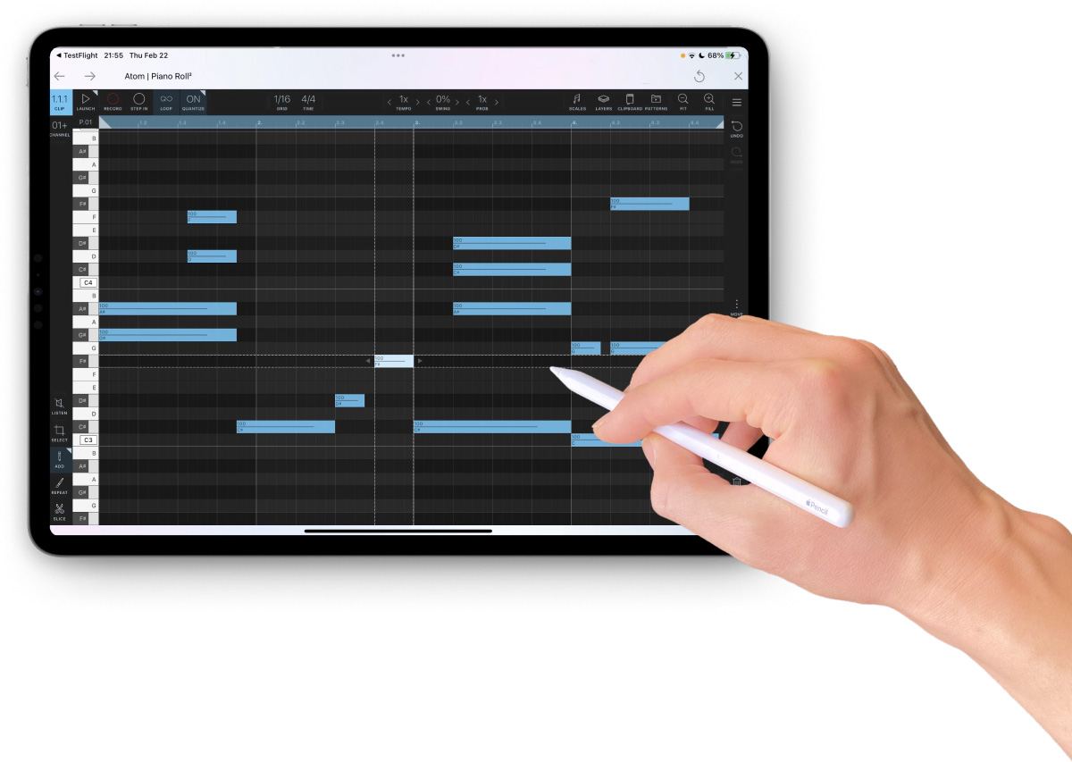 iPad用のMIDIエディターアプリ、Atom | Piano Roll 2を使って、Apple PencilでMIDIノートの入力と編集を行う。SideRackを使うとこの操作をDAW側に反映することができるようになる