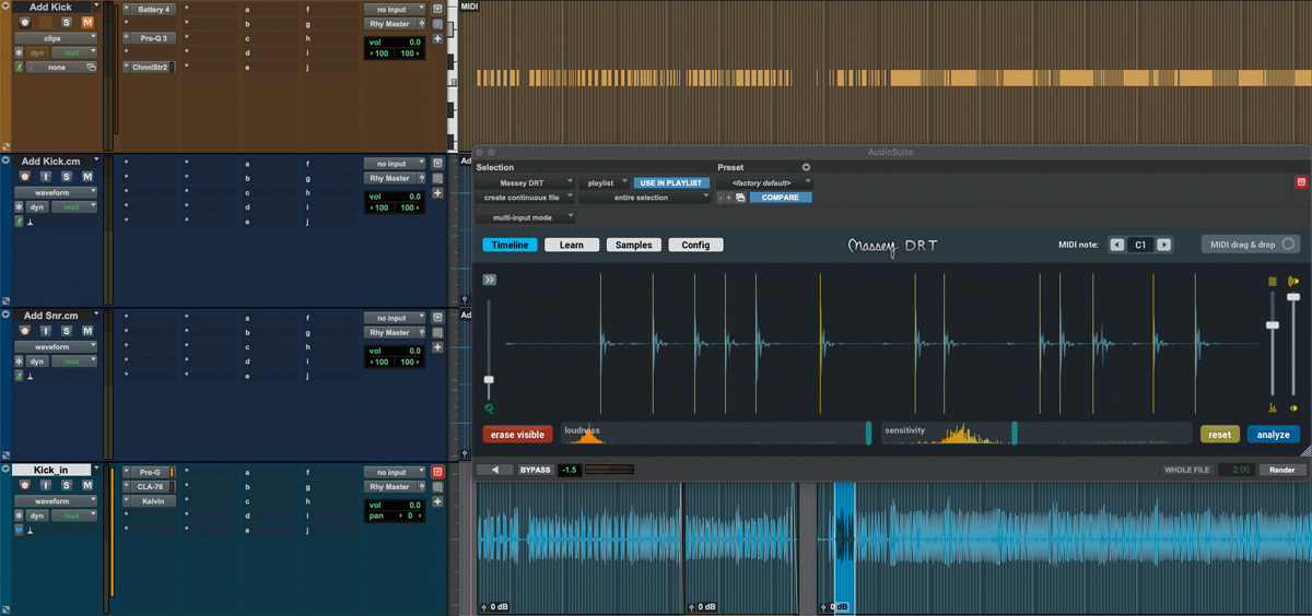 ❶ドラムのMIDI変換にはMassey plugins DRT v2 Drum Replacerを使用。画面の最下段が生ドラムのオーディオデータで、それをDRT v2 Drum Replacerに読み込んでMIDIデータにしたものが最上段のトラックだ