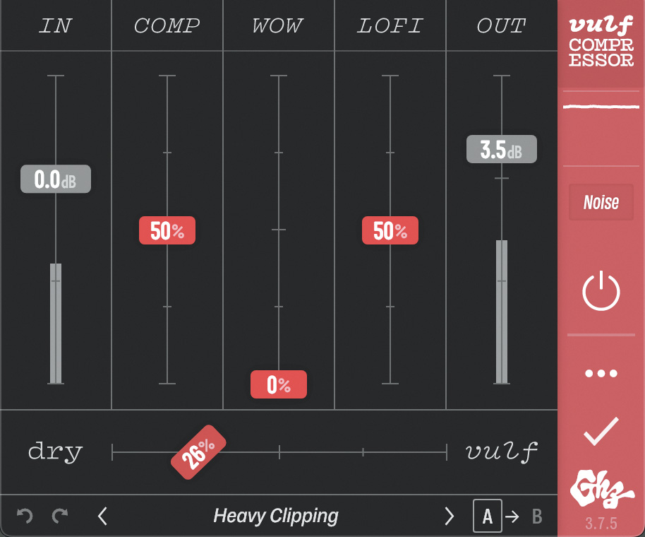 ❹色付けの用途で使用したコンプのGOODHERTZ Vulf Compressor GHZ-0002 V3。ドライ／ウェットの設定はドライ寄りで26%という設定だが、薄めでも後々個性が生きてくる