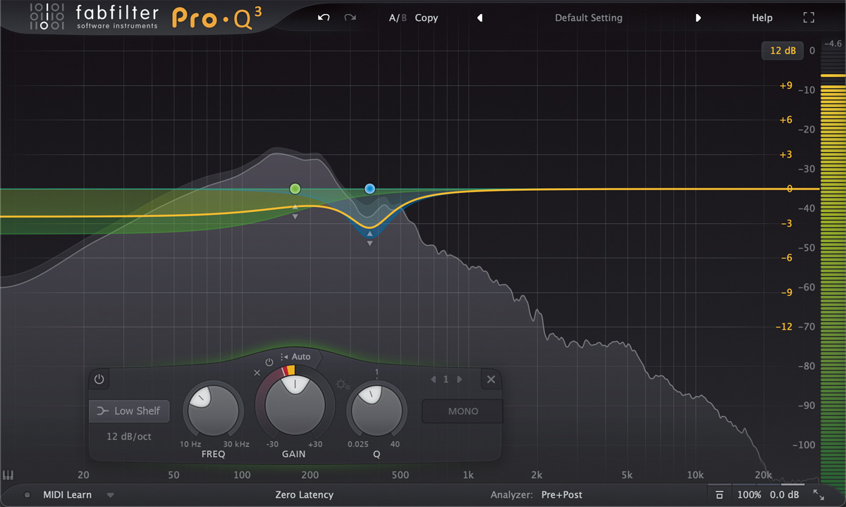 ❺EQはfabfilter Pro-Q 3を使用。低域の明瞭さを出すために365Hz辺りを、安定感を出すために200Hz以下をダイナミックEQでカット方向に調整している