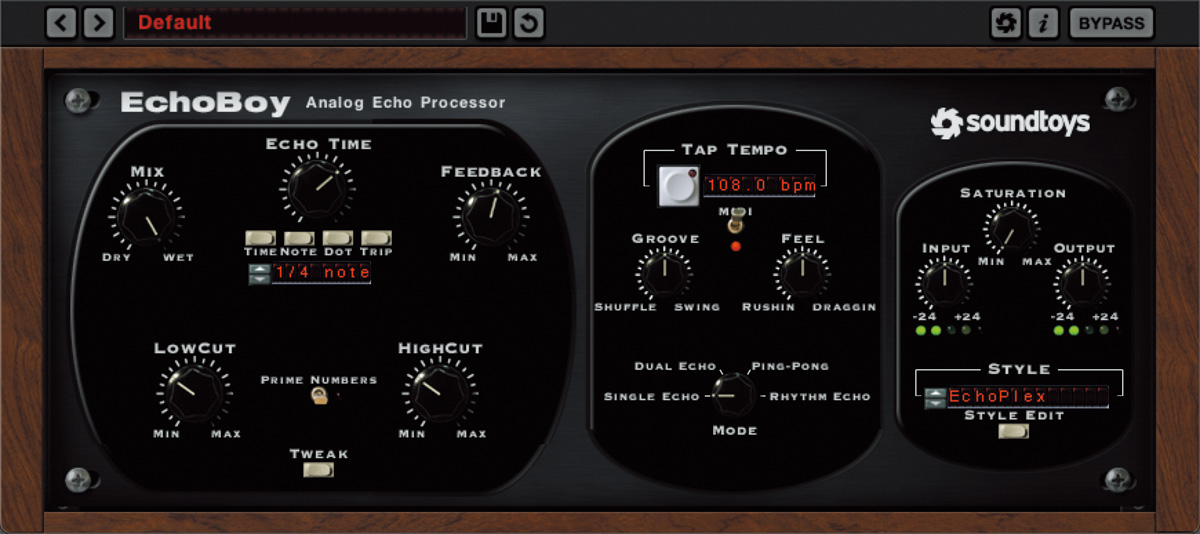 ⓮サビのトラックにはsoundtoys EchoBoy。１つは奥行きを出すために4分音符のディレイをかけた