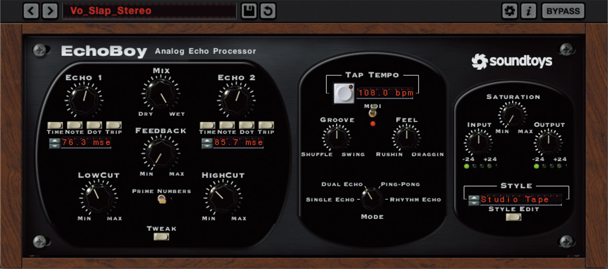 ⓯もう一つのEchoBoyには、薄くショートディレイをかけ、左右の広がりを出すために使用