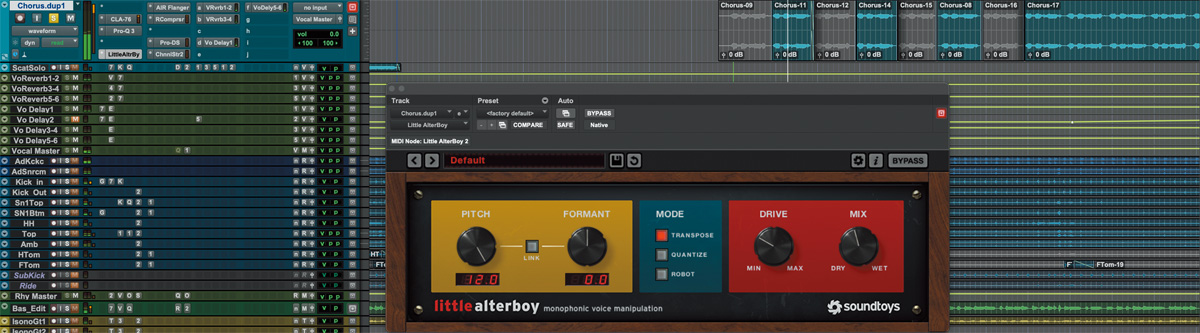 ⓰soundtoys Little alterboyで１オクターブ上のコーラスを加えて華やかさを付加。上段に表示されているトラックがコーラスで、ところどころミュートすることで音がぐちゃっとしすぎないように調整している