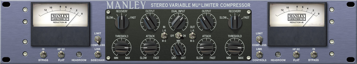 22マスターセクションに使うUNIVERSAL AUDIO Manley Stereo Variable Mu Limiter Compressorは、モデリング元の実機でも愛用してきたコンプ。DUAL INPUTをブーストしてOUTPUTのツマミを少し下げることで好みの質感を狙う。ハイパスフィルターのサイドチェイン（HP SC）もオンにした