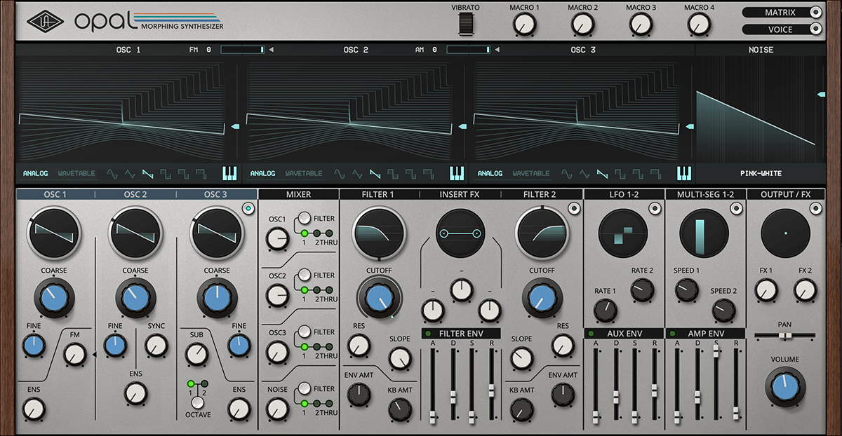 高度なサウンドデザイン機能を備えるソフトシンセ、UAD Instruments Opal Morphing Synth。3基のオシレーターのほか、マトリックスも搭載