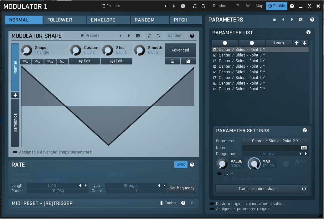 UTILITIESにある“Mod 1”（モジュレーター１）を開いたところ。LFOが表示されており、画面右のPARAMETER LISTでデスティネーションを設定する。このリスト内で選択中の“Center / Sides - Point 2 Y”は、エンベロープグラフに書き込んだ２つ目の周波数ポイントのY座標を表しており、LFOモジュレートすることでY座標がセンター側とサイド側を行き来する。その動きは、エンベロープグラフでリアルタイムに見えるので分かりやすい。また、こうしたモジュレーションを複数の周波数に設定すれば、いろいろな帯域がセンター側とサイド側を常に行き来するストレンジなサウンドを作ることもできるだろう