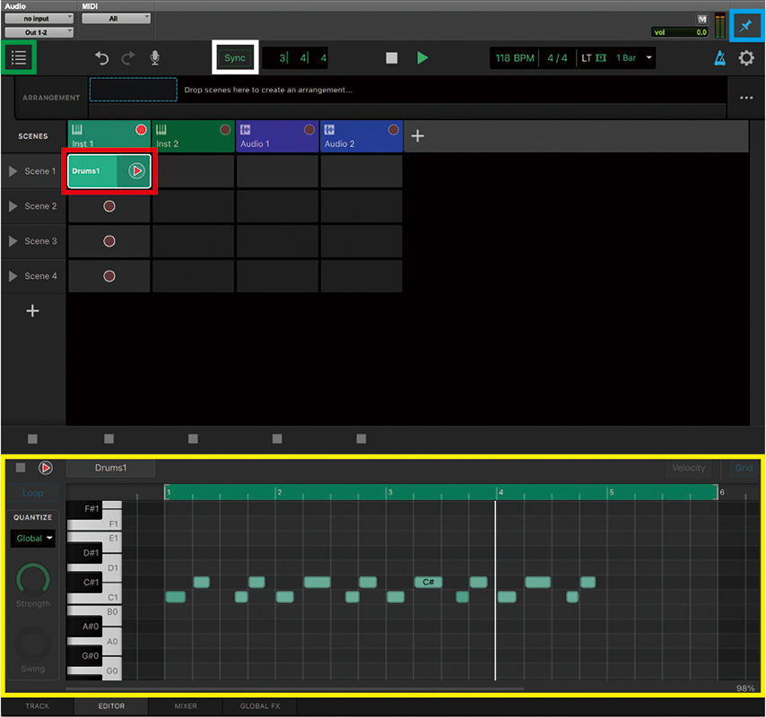 Pro Tools Sketch。上部画面の縦軸（Inst 1、Inst 2など）はトラックを表しており、インストゥルメントあるいはオーディオトラックを最大16作成可能。インストゥルメントでは音源として、PlayCellもしくはSynthCellを利用できる。横軸はScene（シーン）と呼ばれていて、同時に再生するパートを並べていくことができる。左の画面は赤枠のMIDIクリップでキックとスネアを打ち込んでいる様子。下部の黄枠はEDITOR画面で、MIDIクリップでは打ち込みが行え、オーディオトラックでは波形編集が可能。緑枠内のアイコンをクリックするとブラウザー画面が表示され、付属のMIDI／オーディオクリップをドラッグ＆ドロップでSketch上に配置できる（ブラウザー上でクリップをダブルクリックすると新規トラックが作成される）。Sketchはセッションとは独立して開けるが、セッションと同時に開いて白枠のSyncボタンをオンにすると、セッションと同期再生が可能。また、青枠のピンアイコンをオンにすると、次回、Pro Toolsのセッションを開いた際にSketchも開く設定となる