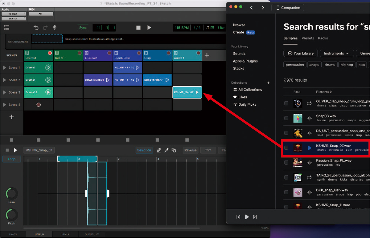 右側の画面はsplice。イメージに合うスナップ音色を探して、Sketch上へドラッグ＆ドロップしたところ