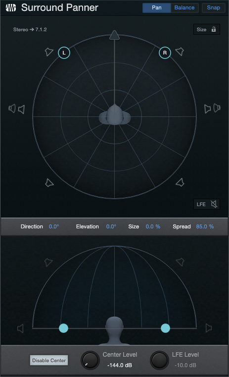 チャンネルに標準装備されているSurround Panner。ベッドのパンニングに使用する