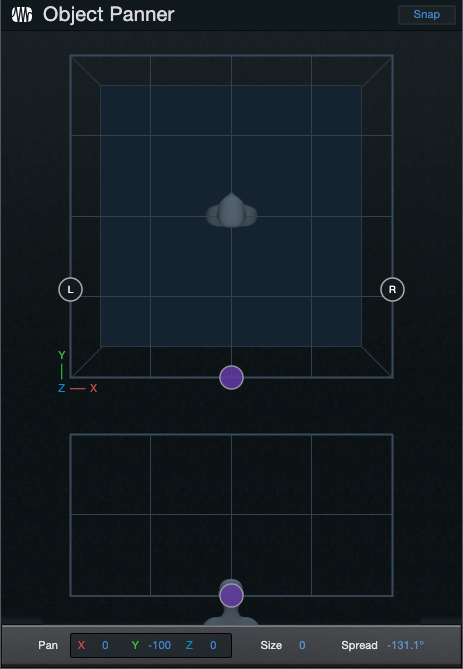 こちらもチャンネルに標準装備のObject Panner。オブジェクトのパンニングを行うためのもので、チャンネルのメニューでデフォルトのSurround Pannerから瞬時に切り替えられる。また、切り替えた時点で、そのチャンネルの音はオブジェクト化される