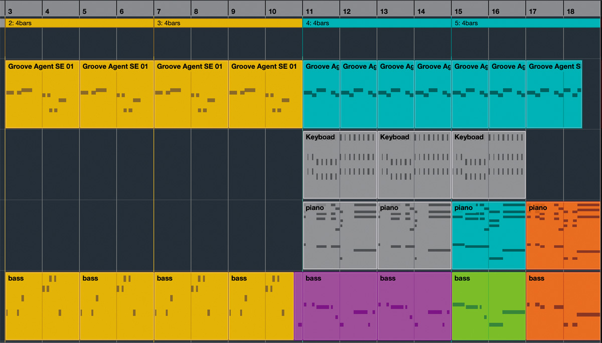 「リスペクト」のプロジェクトウィンドウの一部。最上部がサンプリングしたデータをGROOVE AGENT SEで打ち込んだMIDIデータで、黄色がAメロ、水色がBメロ。変化したフレーズが採用されているのが分かる