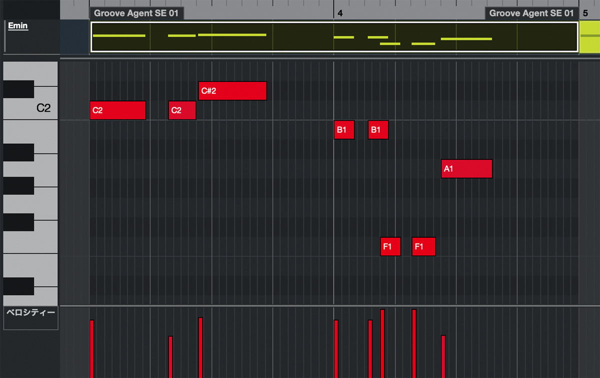 キーエディターに打ち込んだMIDIノート。実際に演奏して録音しているので、グリッドにぴったり合っておらず、ベロシティも演奏時の状態になっている