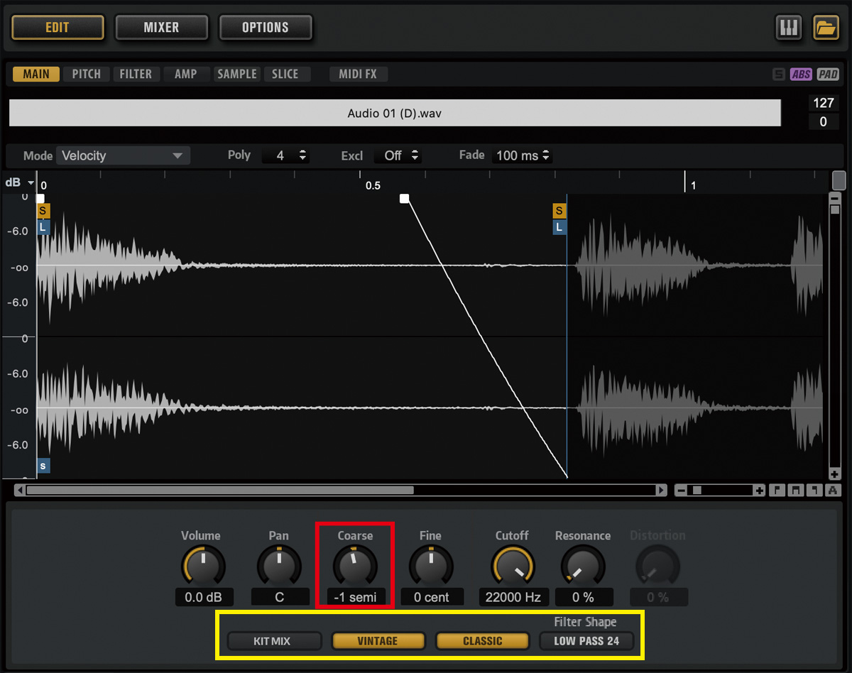 GROOVE AGENT SEのMAINタブの画面。中央のディスプレイでは、サンプルの再生開始／終了位置の設定や、フェードイン／フェードアウトの位置やカーブの調整ができる。ディスプレイ下部には、サンプルをエディットするパラメーターが並び、今回は“Coarse”を−１semi（チューニングを半音下げる）にしている（赤枠）。画面最下部（黄枠）は、左からアウトプットバスを指定する“Output Bus”、サンプルの再生品質を決める“Play Back Quality”（Standard、Vintage、Turntable）、フィルターのタイプを選ぶFilter Type（CLASSIC、TUBE DRIVE、HARD CLIP、BIT RED、RATE RED）、フィルターのカーブを決めるFilter Shapeが並ぶ