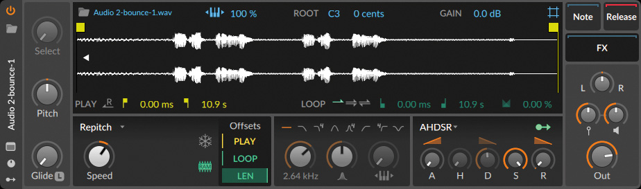 Bitwig Studio内蔵のサンプラー・デバイス、Sampler。ブラウザーパネルなどから音声ファイルをドラッグ＆ドロップ、または“Browse samples / multisamples”をクリックして表示されるウィンドウから音声ファイルを選択することで、サンプルの読み込みが可能だ