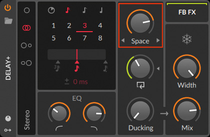 Samplerのアウトプット・セクションにあるFXチェインにインサートしたDelay+。Delay+ではフィードバック音の質感をコントロールできるBlurが備わっており、矢印マークを押すことで複数のキャラクターを切り替え可能だ（赤枠）。筆者はお気に入りの“Space”を選び、値を78％にセットしている
