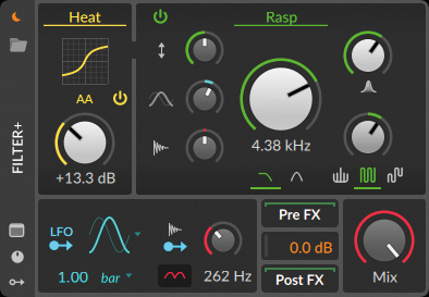 Delay+の後段に挿したFilter+。ウェーブ・シェイパーとフィルターが備わっており、それぞれ複数のタイプを選択可能だ。ここでは、S字シェイプのクリッパー“Heat”と、カットオフ周波数付近の明るさを強調できる“Rasp”を選んでいる