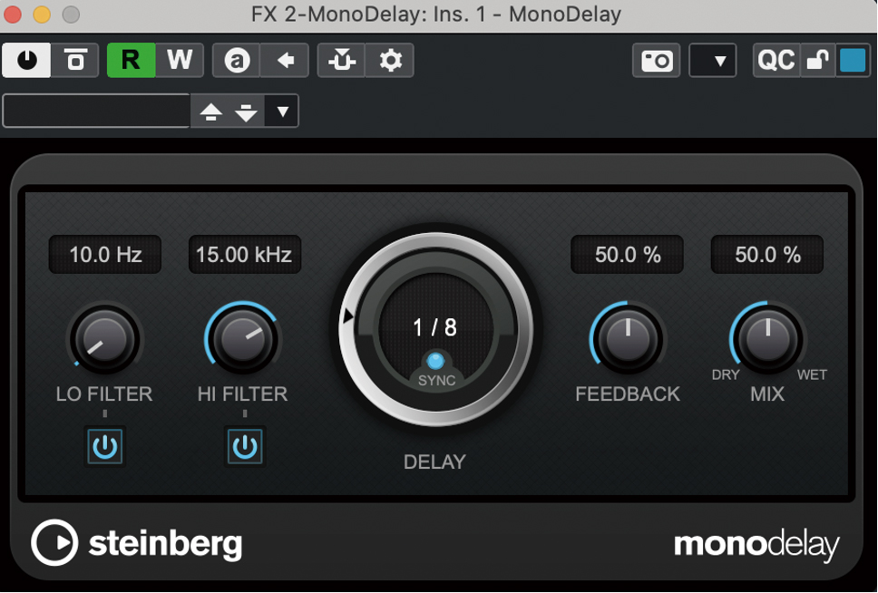 プロジェクトのテンポに合わせたディレイ・タイムを設定できるCubaseのMonoDelay。筆者の基本セッティングは１/８（８分音符）。ディレイ音が主張しすぎず、それでいて伸びやかさが得られる