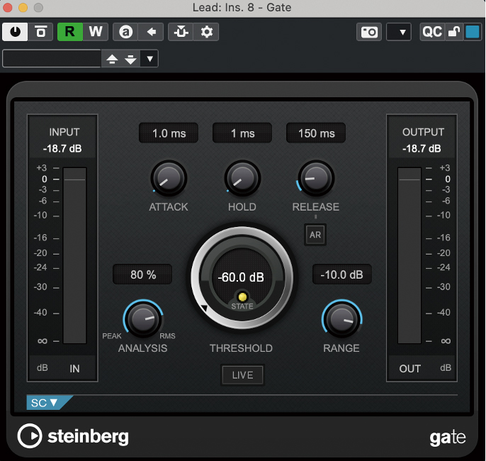 CubaseのGate。筆者が活用している“RANGE”は、ゲートが閉じ切ったときの減衰量を決めることができる