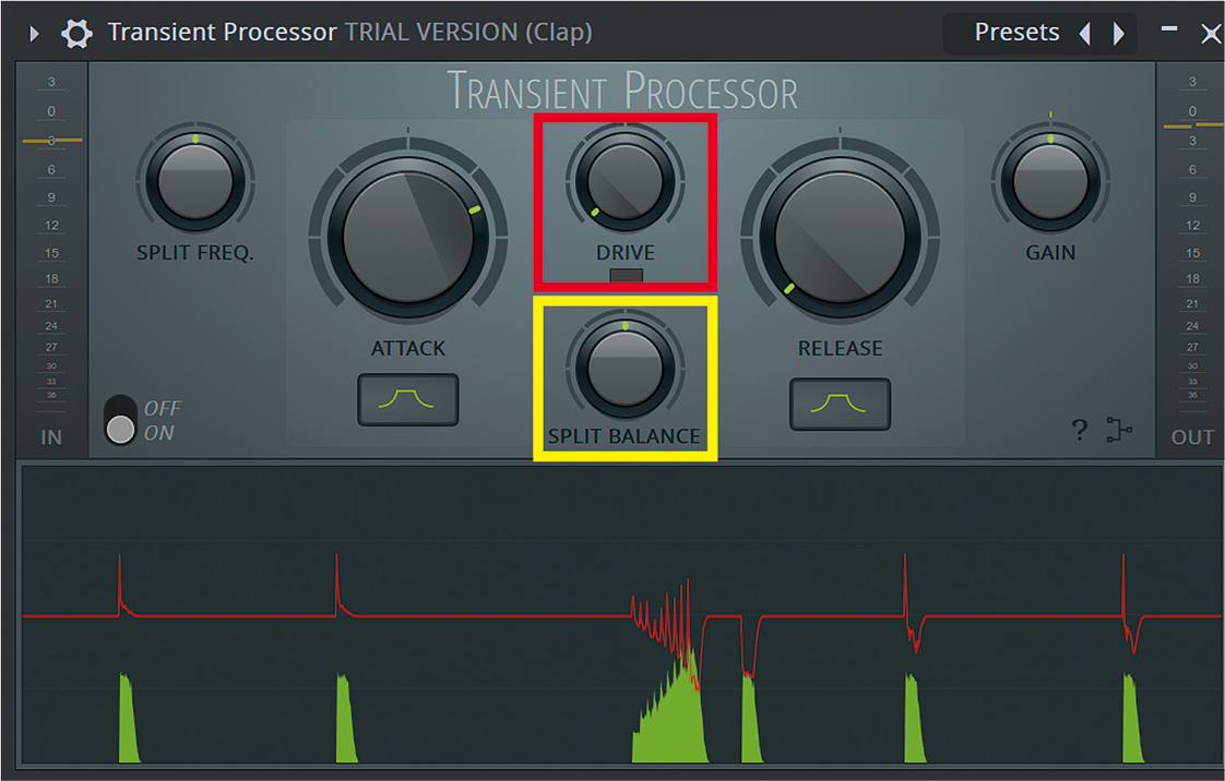 アタックやリリースの調整といった、トランジェントをコントロールできるプラグインのTransient Processor。DRIVEノブ（赤枠）で倍音を付加したり、SPLIT BALANCEノブ（黄枠）でパラレル処理を行うことも可能です