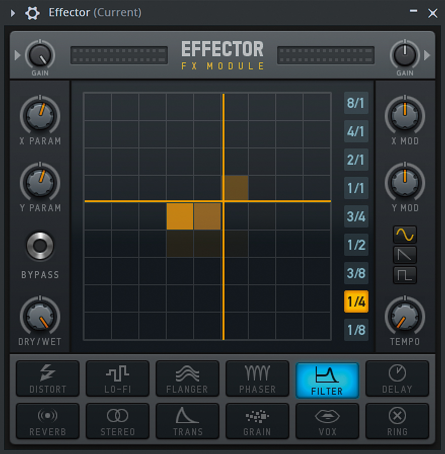 X/Yパッド上でカーソルをドラッグしながら動かすことで、直感的な操作が楽しめるEffector。DISTORT（ディストーション）、LO-FI（ビット・リダクション）、FLANGER（フランジャー）、PHASER（フェイザー）、FILTER（フィルター）、DELAY（ディレイ）、REVERB（リバーブ）、STEREO（パンニング）、TRANS（ゲート）、GRAIN（グラニュラー・シンセシス）、VOX（フォルマント・フィルター）、RING（リング・モジュレーション）の12種類のエフェクトが搭載されています