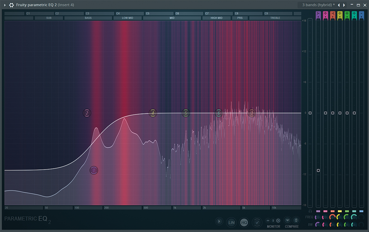 ７バンド・パラメトリックEQのFruity Parametric EQ 2。周波数特性を表示するスペクトラム・アナライザー機能だけでなく、周波数ごとのサウンドの強弱を赤い線の濃さでチェックできる“Heatmap”機能を搭載しています