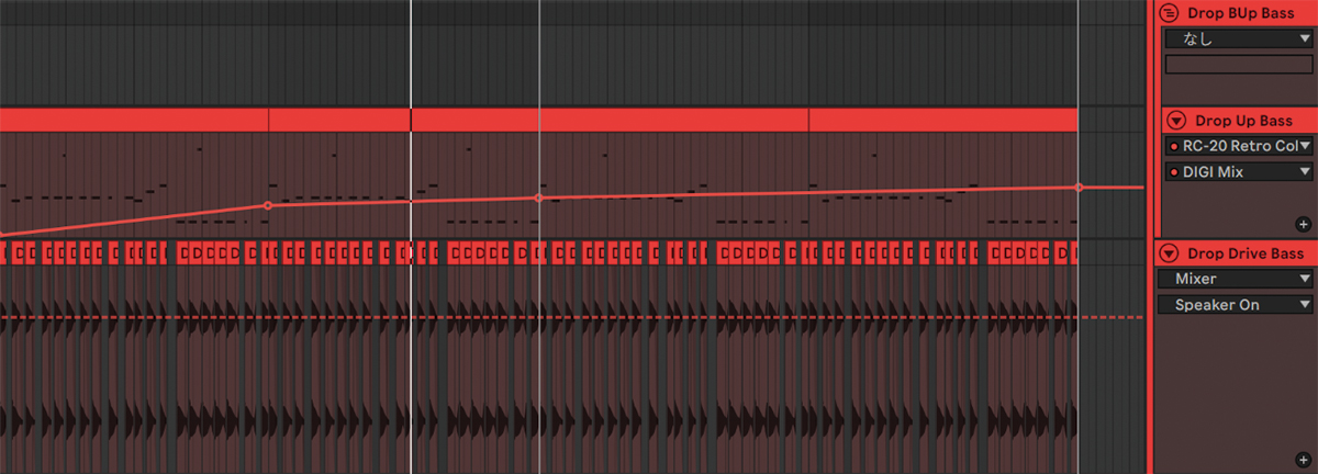 中段は通常のベースより少し上の帯域のDrop Up Bass。下段はサイド成分のみのDrop Drive Bassで、音高を調整したオーディオ・データで構成されている