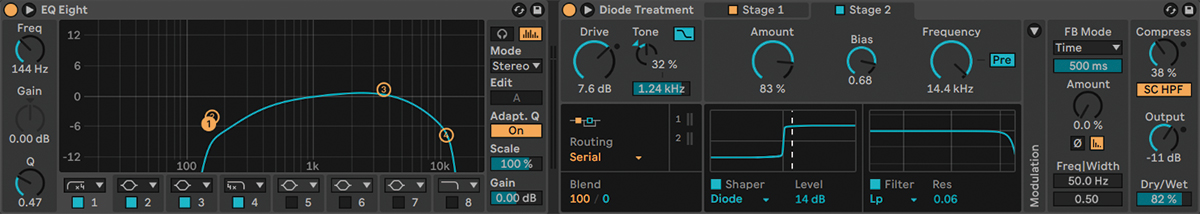 Live 12 Suiteで新搭載されたRoarが「AGE」では既に活用されている。前段にEQ Eightをインサートして必要な帯域だけに絞り込み、Roarのプリセット“Diode Treatment”で２段がけのサチュレーションのような効果を付けて、ボーカルがオケに埋もれないような音作りをした