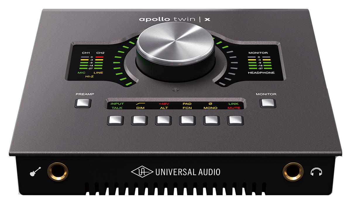Apollo Twin X。UNIVERSAL AUDIOのオーディオ・インターフェース、Apolloシリーズの製品で、内蔵DSP×2基のApollo Twin X Duo、4基のApollo Twin X Quadの2機種をラインナップ。LUNAとの相性も抜群なオーディオ・インターフェースです
