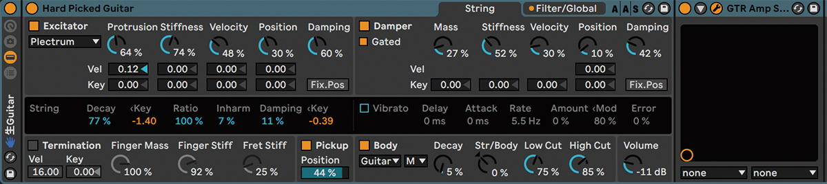 生Guitarはギターのスケッチ用に筆者が自作したRack。基準になっている音色はTensionのプリセットであるHard Picked Guitarで、その後段ではWAVES L2 UltraMaximizer、Aphex Vintage Aural Exciter、CLA Guitars、GTR Ampをインサートしている
