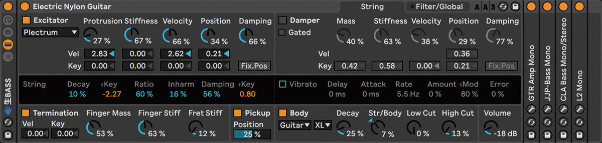 生BASSはベースのスケッチ用の筆者自作Rack。ここでも登場するのが付属インストゥルメントTensionのプリセット。Electric Nylon Guitarというギター音色を軸に構成され、後段ではベースの音作り用のプラグインが数種類インサートされている