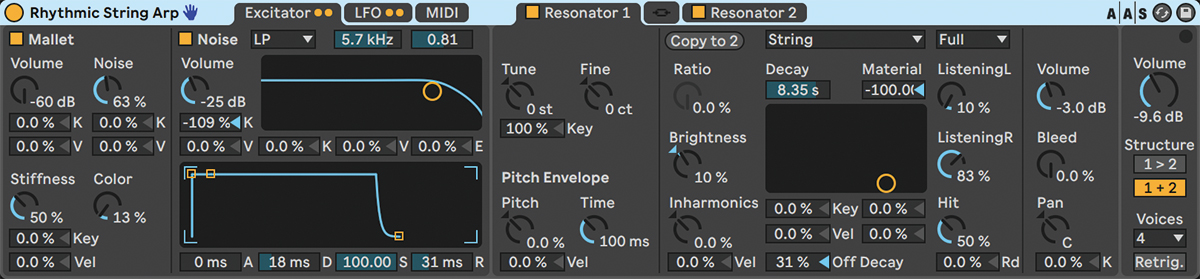 「COJO」のメイン・フレーズに使われたLive付属デバイスCollisionのプリセット“Rhythmic String Arp”。Collisionはフィジカル・モデリング・インストゥルメントで、パーカッション・サウンドを生み出す。こちらの画面は筆者が「COJO」を制作したLive 10のもの