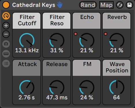 「DATTO」で軽さやファニーさなどのキャラクター付けに重宝したCathedral Keys。これは付属シンセWavetableを使用して作られたInstrument Rackのプリセットだ