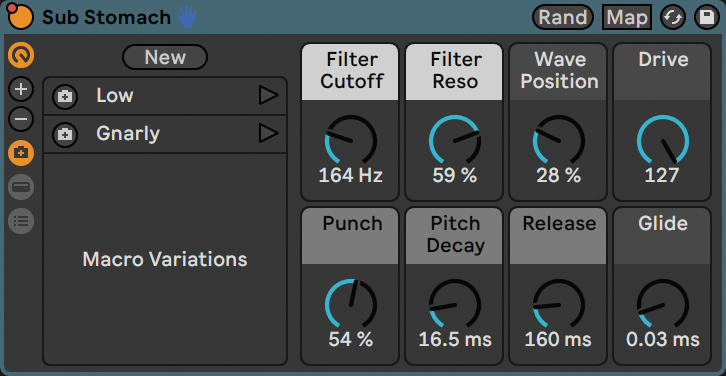 「HAROU」のイントロでは、オケヒットにサブベースを重ねて低域を下支えしている。このSub StomachもInstrument Rackのプリセット