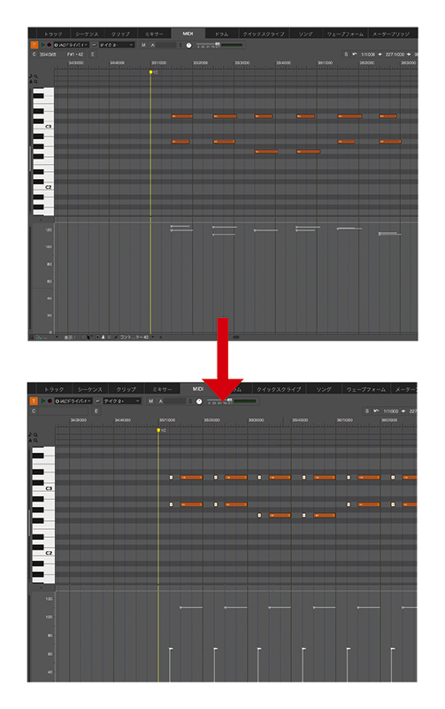 下の画面が「PSI-missing」の、サビのバッキングのMIDI画面。手弾きで裏打ちをシンプルに入力すると上の画面のようになると思いますが、今回紹介する手法を使って、最終的に下の画面になるよう、ベロシティ、デュレーションをエディットしていきます