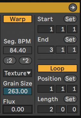 TextureモードではGrain SizeとFluxの調整ができ、Grain Sizeの値を極端に上げることでディレイがかかったような過剰な効果を得ることができる