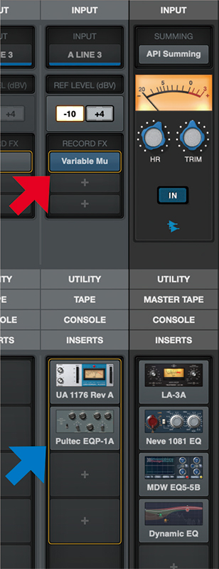 黄色の枠で囲まれた部分、INPUT側のVariable Mu（赤矢印）はかけ録りに、INSERTS側のUA 1176 Rev AとPultec EQP-1A（青矢印）はモニター音のみにかかります