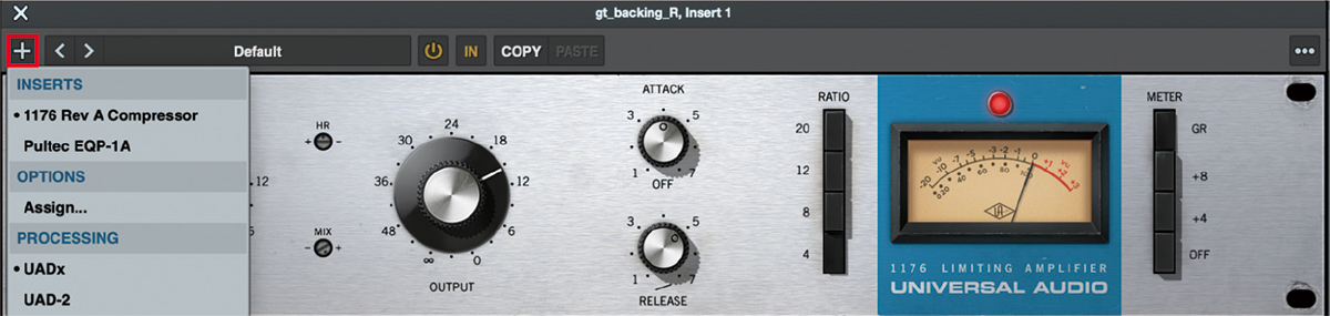 プラグイン画面左上の＋ボタン（赤枠）のメニューから、PROCESSINGのUAD-2をクリックするとDSP処理に切り替わります