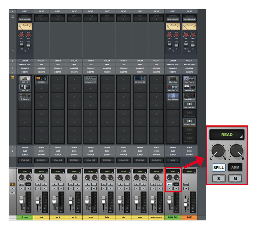 DRUM BUSのSPILLを押すと、DRUM BUSにルーティングされているトラック／バスのみが表示されます（赤枠のトラックの左側はすべてDRUM BUSにルーティングされたもの）