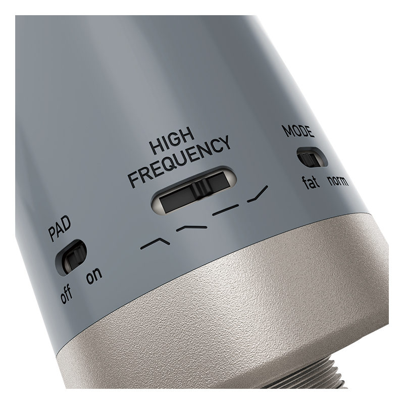 本体背面の下部には3つのスイッチを用意。左から、PAD（−10dB）、HIGH FREQUENCY（カット：−1.5dB@5kHz、カット：−3dB@10kHz、フラット、ブースト：＋2dB@10kHz）、MODE（fatとnormの切り替え）の各スイッチ。fatにすると10～400Hzの低域がブーストされる