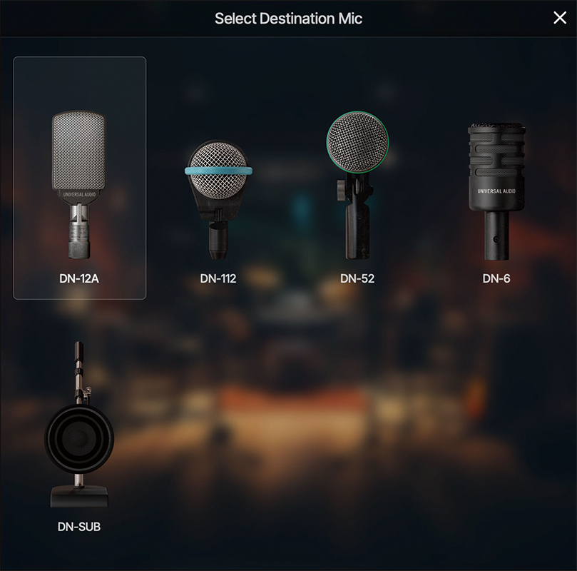 SD-5のモデリング先のマイク選択画面。AKG D12、D112、SHURE Beta 52、AUDIX D-6のほか、SOLOMON DESIGN Lofreqと思われるサブキックが選択できる