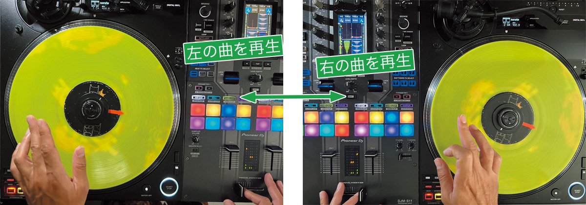 左右の曲を素早く切り替えて交互に再生しながらフレーズを再構築していく