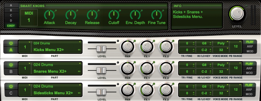 Xpand!2のDrumsから“+25 Kicks+Snards+Sides Menu”を選択。ボトム感が良かったため、キックとスネアを採用した