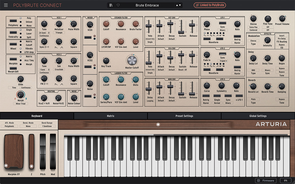 専用ソフトウェアPolyBrute Connect（Mac/Windows）でのパラメーター・エディットやプリセット管理にも対応。AAX/AU/VSTプラグインとしても動作し、DAW上からオートメーションでパラメーターをコントロールすることも可能だ